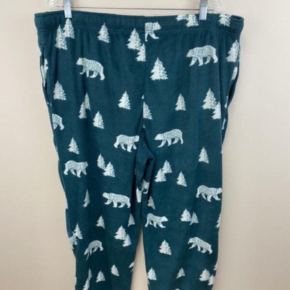 NWT St Johns Bay XL Green White Fleece Lounge Pajama Pants Bear Pine Tree - Picture 3 of 5